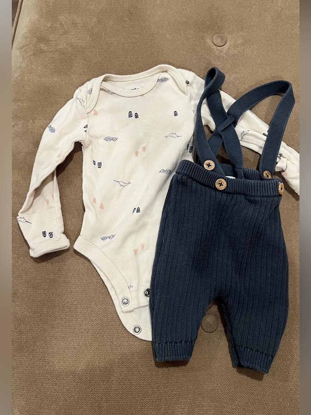 Carter's Newborn Narwhal Cream Long Sleeve Onesie and Sweater Suspender Pants
